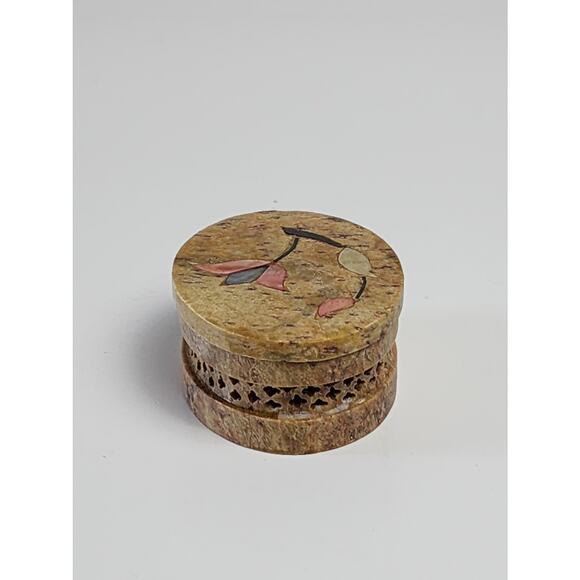 Vintage Carved Soapstone Trinket Jewelry Box Mother of Pearl Floral Inlay Decor - Picture 4 of 11